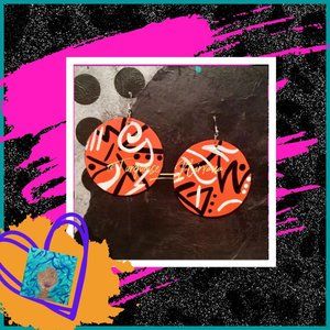 M-206: Orange Graffiti Round Earrings